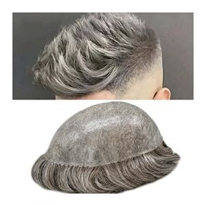 Perruques Pour Hommes Cheveux gris indien système de cheveux humains hommes toupet postiches 0.1-0.12mm tout PU injecté peau fine naturel ondulé hommes toupet Postiche pour homme(7x10) (longlongshangmaohang, neuf)