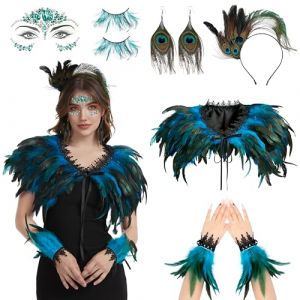Charmofun Costume de Paon Femme 6 Pi&egrave;ces, Ensemble &Eacute;charpe en Plumes de Paon avec Coiffe et Boucles d'Oreilles, Accessoires Costume de Paon Femme, Carnaval Cosplay F&ecirc;tes D&eacute;guisement (Pulsepoint Market Kft., neuf)