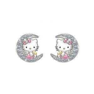 Kaguyo boucles d'oreilles en argent pour femmes, boucles d'oreilles Hello Kitty en argent sterling 925, boucles d'oreilles en zircone chat mignon pour femmes filles enfants (Kitty B) (Kaguyo, neuf)