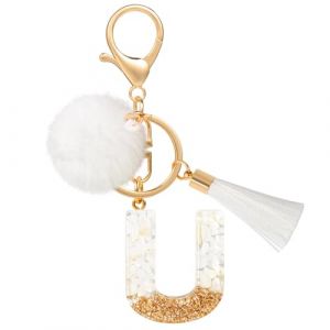 MWOOT Porte Clé Lettre U Peluche Tassel, Initial Résine Personnalisé Keychain Or Blanc, Porte Clef Lettre Pendentif Décoratif, Kawaii Porte Clef Voiture Charm, Idee Cadeau D'Anniversaire pour Femme (vetpw, neuf)