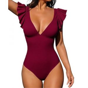 Femme Maillot de Bain 1 pièce Costume de Natation à col en V Contrôle Ventre Bikini Monokini à Volants Amincissant Push Up Monokini(Vin Rouge,S) (RSSAA, neuf)