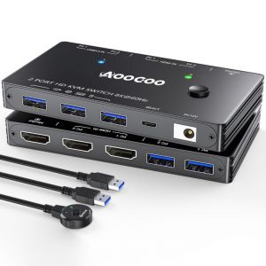 Commutateur KVM HDMI 2.1 8K &agrave; 60 Hz, commutateur KVM pour 2 PC et 1 &eacute;cran avec port USB 3.0, t&eacute;l&eacute;commande filaire, c&acirc;ble USB 3.0 inclus (qeesun, neuf)