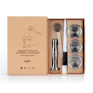 RECAPS Capsule &agrave; caf&eacute; r&eacute;utilisables, Capsule rechargeable et r&eacute;utilisable compatible avec Nespresso Originaline MAIS PAS TOUS (3 dosettes +120 Couvercles +1 presse +1 cuill&egrave;re) (THH2020, neuf)