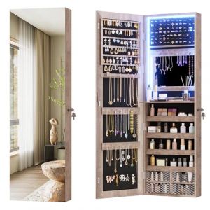 Vlsrka LED Armoire à bijoux avec Miroir, Mural/Porte Armoire à bijoux avec 3 Lumières, Miroir pleine longueur avec bijoux rangement Verrouillable, Armoire bijoux miroir éclairé avec étagères, Bois (vlsrka, neuf)