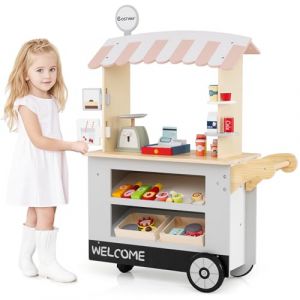 COSTWAY Epicerie Enfant en Bois avec 30 PCS Accessoires, Marchande Enfants avec Auvent Supérieur & Poignée de Poussée, Motif d’Aliments Mignons, Jouet d'Imitation pour Enfants de 3 Ans+ (Gris) (FDS GmbH, neuf)