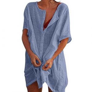 Kimono Pareo Cache Maillot De Bain Femme Plage Ete Mi Longue Robe Blanche Chemisier Chemise Col Rond &Eacute;l&eacute;gant Par&eacute;o Bikini Cover Up Blouse Tunique Sexy en Coton Kaftan Rose Poudre S (ChaoWenMao, neuf)