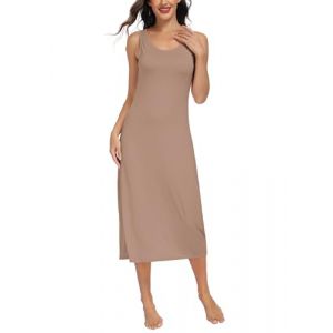 Lovasy Fond de Robe Longue Lingerie Femme en Modal sous Robe &Eacute;l&eacute;gant Col Rond avec Bretelles Larges Sexy Slip Chemise de Nuit Antistatique Gainant,A-Marron fonc&eacute;,L (Lovasy Direct, neuf)
