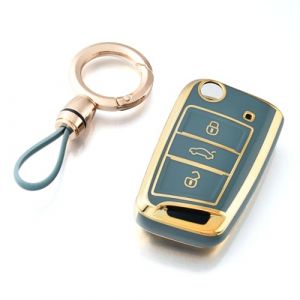OFF WE GO Coque de Cl&eacute; Voiture avec Porte-cl&eacute;s pour VW Golf 7 Coque de cl&eacute; TPU 3 Bouton Accessoire cl&eacute; de Voiture pour Golf 7+ Variante Polo Seat Leon Skoda Rapid Passat Arona Kodiag, Or Bleu (OFF WE GO, neuf)