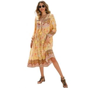 R.Vivimos Femmes Robe de Plage &agrave; Manches Longues &agrave; imprim&eacute; boh&egrave;me Chic d&eacute;contract&eacute; Robe &eacute;l&eacute;gante Longue midi Robe de Vacances(M,Lemon) (Jian Mei E-commerce Co., Ltd., neuf)