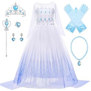 Monissy Fille Robe de Princesse Elsa Anna Cosplay D&eacute;guisement de Enfant Reine des Neiges Robe Habill&eacute;e de Soir&eacute;e Cape Princesse Tenue Anniversaire Halloween No&euml;l, Bleu, 130 (Monissy, neuf)