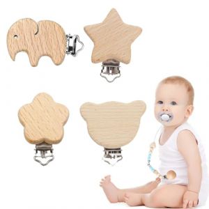 Attache Sucette Bois,4 Pièces Clip Attache Tetine,Clip Tetine,Sucette Clips,Attache Sucette,Pince Attache Tetine,Pince Tetine,Attaches Tétine pour Bébés Garçons et Filles,pour Bébé de Dentition (UPPCY, neuf)