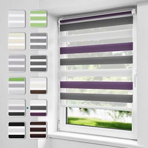 Buseu Store Enrouleur Jour Nuit sans Perçage, Installation Facile par Clips ou Vis, Rideau Occultant à Tissu Double pour Fenêtre ou Porte, Blanc-Anthracite-Aubergine, 40l x 130L cm (Anduni, neuf)
