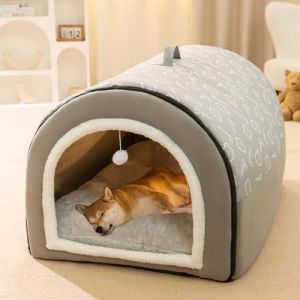 Grand lit et niche 2 en 1 pour chien, coussin doux et chaud, lit igloo antidérapant pour chiens et chats, amovible et lavable (50 x 40 x 35 cm, gris) (Monba, neuf)