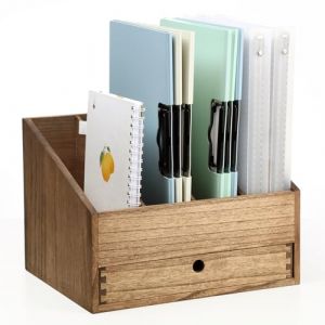 KIRIGEN Organisateur de Bureau en Bois avec 4 Compartiments et Tiroir &ndash; Porte-lettres, Range-documents et Porte-dossiers pour Bureau, Maison et &Eacute;cole Couleur brun (KIRIGEN, neuf)