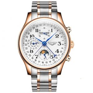 Guanqin Montre m&eacute;canique multifonction &agrave; remontage automatique en cristal saphir pour homme - Phase de lune - Calendrier perp&eacute;tuel - &Eacute;tanche - Bracelet en acier inoxydable ou en cuir, Argent rose (jdlermy store, neuf)