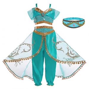 Eleasica Fille Aladdin Jasmine Princesse Cosplay Costumes 2pcs Ensembles Pantalons Conte de F&eacute;e D&eacute;guisement Bleu Respirant Halloween No&euml;l Anniversaire Carnaval F&ecirc;te Cosplay,Bandeau,120 (Eleasica, neuf)