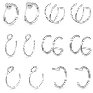 Lot de 12 faux piercings de nez - Anneau de nez fin - Anneau de nez - Anneau de nez - Anneau de nez en acier inoxydable - Anneaux de nez - Anneau de septum - Pour homme et femme (6 styles) (Yourgreen-EU, neuf)