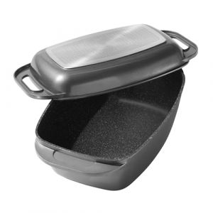 STONELINE Cocotte Rectangulaire XXL 43x26 cm, avec Couvercle, en Fonte d'Aluminium, utilisable comme Plat &agrave; Four, Rev&ecirc;tement Antiadh&eacute;sif avec de vraies particules de pierre, Gris (WARIMEX GmbH, neuf)
