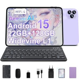 GOODTEL Tablette Tactile Android 15 Octa-Core, 22 Go (8Go + 14Go) + 128 Go ROM（2TB TF）, 5G + 2,4 G WiFi, GMS, Bluetooth 5.0, Paly Store, Support de Carte SD, Tablette avec Clavier et Souris - Violet (SarahJordan, neuf)