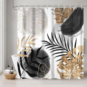Uiiooazy Rideau Douche Anti Moisissure, Rideau Douche 180x200cm Noir Gris Tropical Feuilles de Palmier Abstrait Jungle Rideaux de Baignoire Tissu Lavable Imperm&eacute;able Rideaux de Bain avec 12 Crochets (dongguibinjingpinxiaodianpu, neuf)