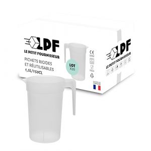 LPF LE PETIT FOURNISSEUR - Lot de 20 Pichets réutilisables 1,5 Litre - Polypropylène plastique alimentaire rigide - Carafe à eau, thé glacé, boissons - Compatible lave-vaisselle - Transparent Givré (Le Petit Fournisseur, neuf)