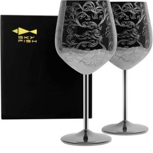 SKY FISH Verres à Vin Rouge; Ensemble de 2 Verres à Pied en Acier Inoxydable, 500ml（Plaqué Noir. (VKING HOME GIFT, neuf)