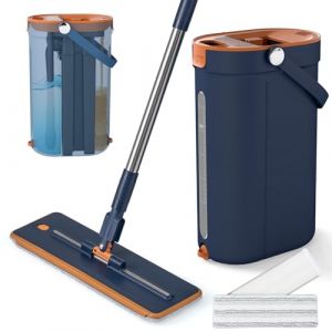 COSTWAY Balais Serpilli&egrave;re Seau Essoreur, T&ecirc;te Plate Rotatif 360&deg;, Serpilli&egrave;re Microfibre Lavable R&eacute;utilisable, Manche INOX R&eacute;glable, Nettoyage Rapide (Balai-2 Serpill&egrave;res-Bleu) (FDS GmbH, neuf)