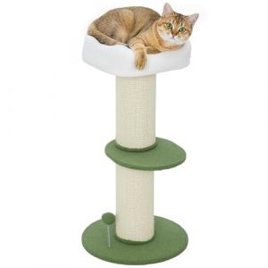 PawHut Arbre &agrave; Chat &agrave; Fleurs &agrave; 3 Niveaux Hauteur 92 cm, tonneau &agrave; gratter pour Chats avec Poteau Ultra-&eacute;pais, Plateforme et Balle, Poteau en sisal, pour Animal 6 kg, Vert et Blanc (Aosom FR, neuf)