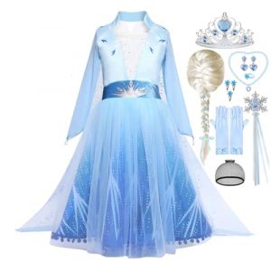 Snyemio Deguisement Princesse Elsa Filles Robe Reine des Neiges Enfant Costume avec Perruque pour Carnaval Anniversaire Halloween No&euml;l, 5-6 Ans (Avalanchy, neuf)