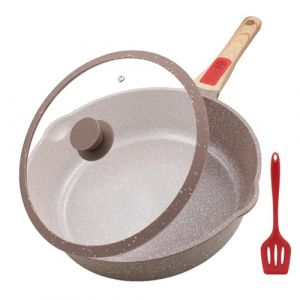 AIKENBBKK Poêle à Frire en Céramique avec Couvercle, Poêle 28 cm avec Antiadhésive Revêtement Céramique- Poignée Amovible- Résistant au four et & lave vaisselle- Marron (AIKENKW, neuf)