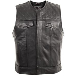 MDM Gilet en cuir homme biker en cuir v&eacute;ritable, gilet moto sans manches noir &agrave; &eacute;paules matelass&eacute;es diamant, extensible sur les c&ocirc;t&eacute;s (FR/ES, Alpha/lettres, L, Taille normale, Taille normale) (MDM LEDERHAUS, neuf)
