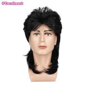 Perruque Mulet Châtain Clair pour Homme – Accessoire de Déguisement Années 80, Perruque Rétro pour Fête Cosplay(Noir) (COCO HEART, neuf)