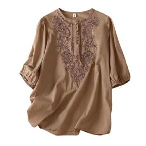 Chemisier Coton et Lin Manches Courtes pour Femme Blouses Ample Col Rond Tunique D'&eacute;t&eacute; Boh&egrave;me Folklore Vintage Broderie Top Hauts L&acirc;che Respirant T-Shirts Grande Taille Pas Cher Tunique Blouse Mode (GUnakd, neuf)