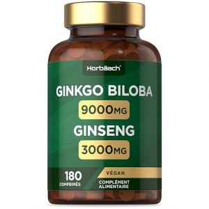 Ginkgo Biloba Ginseng | Haute résistance | Ginkgo 9000 mg et Racine de Ginseng Coréen 3000 mg | 180 comprimés végétaliens | Horbaach (Horbaach, neuf)
