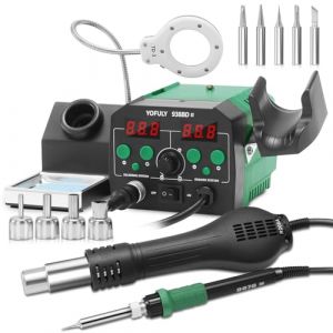Yofuly 2 en 1 Station de Soudage à Air Chaud, 775W Station Soudure et Dessoudage SMD avec Pistolet à Air Chaud, 5X Loupes, Double LCD 392-896°F Ajustable Fer à Souder Station (EU Plug) (Tanying Direct, neuf)