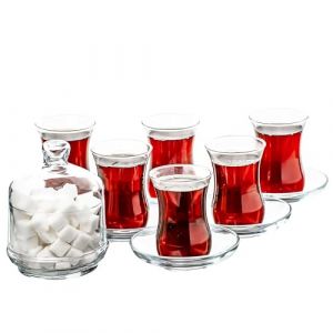 Service à Thé Turc Traditionnel à Motifs de 13 Pièces Comprenant; 6 Verres, Tasses à Thé (115 ml/4 oz), 6 Soucoupes et un Sucrier avec Couvercle en Verre (260 ml/8,7 oz) (BUY&BOX, neuf)
