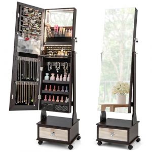 COSTWAY Armoire &agrave; Bijoux sur Roulettes, Verrouillable, Organisateur de Bijoux sur Pieds avec Miroir Psych&eacute; sans Cadre, Miroir Int&eacute;gr&eacute; avec Lumi&egrave;res LED 3 Couleurs, &Eacute;tag&egrave;re Pliable (Caf&eacute;) (FDS GmbH, neuf)