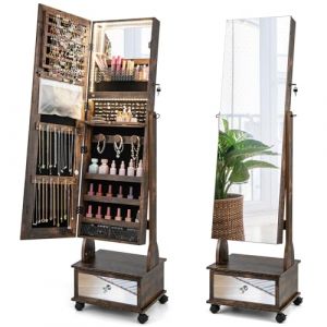 COSTWAY Armoire &agrave; Bijoux sur Roulettes, Verrouillable, Organisateur de Bijoux sur Pieds avec Miroir Psych&eacute; sans Cadre, Miroir Int&eacute;gr&eacute; avec Lumi&egrave;res LED 3 Couleurs, &Eacute;tag&egrave;re Pliable (Marron) (FDS GmbH, neuf)