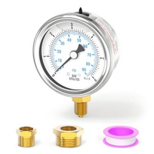ERGAOBOY 0-6 bars/0-90 psi Manom&egrave;tre &agrave; liquide en acier inoxydable 1/8" BSP 2,5" FACE DIAL, montage inf&eacute;rieur avec douilles hexagonales en laiton 3/8" x 1/8" et 1/4" x 1/8" WOG Eau Huile Air (ZHIDE-FR, neuf)