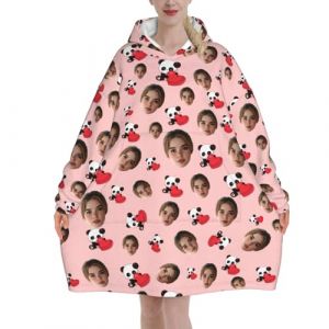 Pilou Pilou Femme homme Avec Photo de Visage Panda Pull Plaid Oversize en poncho Polaire Couverture &agrave; Capuche cadeau Personnalis&eacute;e sweat plaid vetement hiver blanket chaud objet Personnalisable (CUSTOM DESIGN SHOP, neuf)
