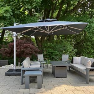 PURPLE LEAF Parasol Déporté 3,3 x 3,3 m Carré avec LED et Pied, Parasol de Jardin Extérieur à Toit Double Rotatif 360°,Protection UV, Pour Terrasses, Piscines, Restaurants Extérieurs, Gris acier (PURPLE LEAF, neuf)