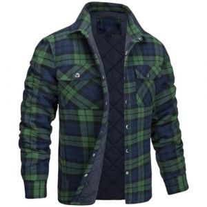 Veste chemise en flanelle matelass&eacute;e doubl&eacute;e &agrave; manches longues pour homme - Manteau &agrave; carreaux boutonn&eacute; - V&ecirc;tement d'ext&eacute;rieur &eacute;pais &agrave; revers d'hiver, Vert, 4XL (MANZHANG, neuf)