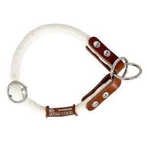 Collier Semi Etrangleur pour Chien, Anti Traction Dressage pour Petits Moyens Grands Chiens. Coton et Cuir. Blanc & Cognac. M. (AVANZONA, neuf)