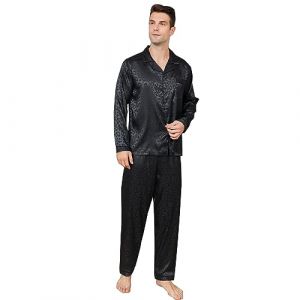 RuanMM Ensemble de Pyjama en Satin à Motif Noir pour Hommes, Haut Soyeux à Manches Longues et Pantalon Long, Ensembles de Pyjama à Boutons (M,Noir-3) (Shanghai PinShan Industrial Co., Ltd., neuf)