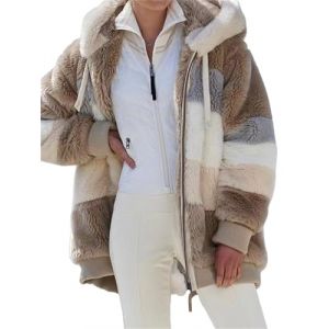 Manteau matelass&eacute; en laine d'agneau contrast&eacute;e pour femme - Automne et hiver - Chaud - Patchwork - Poche zipp&eacute;e - Manteau ample &agrave; capuche, kaki, M (NETMENT, neuf)