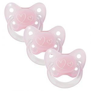 dentistar Lot de 3 T&eacute;tines b&eacute;b&eacute; &ndash; Taille 1, 0-6 mois &ndash; Tetine orthodontique en Latex de caoutchouc naturel sans BPA douce pour les dents et la m&acirc;choire &ndash; Sucette Made in Germany &ndash; C&oelig;ur, Rose (ARILEX Kundenservice, neuf)