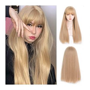 Perruque de Cheveux Perruque blonde avec frange for femme fille 61 cm de long perruque blonde droite perruque synthétique résistante à la chaleur naturelle for cosplay et usage quotidien Perruques Fem (yangbieouzhou, neuf)