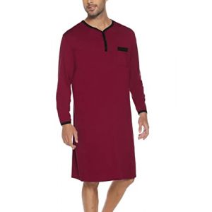 Chemise de Nuit Homme Coton Pyjama Manches Longues Hauts de Pyjama Homme Tee-Shirt Long Col V avec Boutons V&ecirc;tements d'Int&eacute;rieur T-Shirt Grande Taille Douce Confortable Bordeaux-A XXXL (Yukiuiny, neuf)