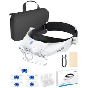 eSynic Lunette Loupe Grossissante avec &Eacute;tui de Rangement 5 Objectif Amovible 1.5X &agrave; 3.5X avec LED R&eacute;glable Loupe Frontale Rechargeable pour Travail de Pr&eacute;cision R&eacute;paration Couture Bijoux (GGY FR, neuf)