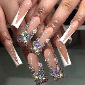 Faux Ongles Ultra Longue MouyouGlow,Carr&eacute; Blanc French 3D Extravagant Luxury Diamant Fleurs Floral Press on Nails avec Colle &agrave; Ongles,Shimmer Tips Flowers Y2K Coquette Fake Nails (Mijisuper1985, neuf)